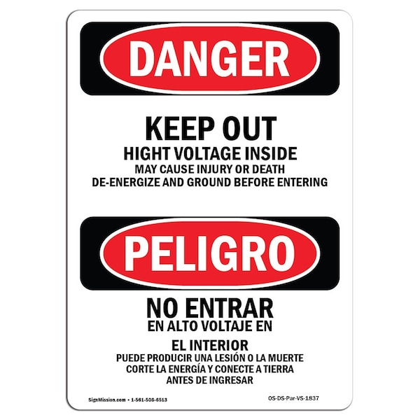 Safety Sign, OSHA, 24" Height, Rigid Plastic, Keep Out Voltage Injury Death Spanish